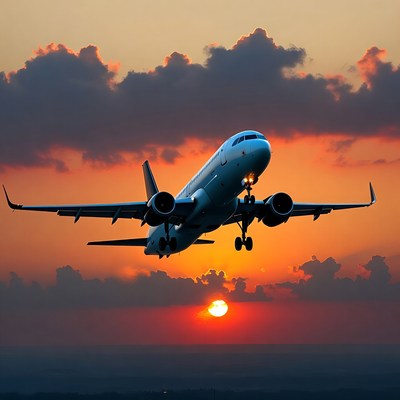 Airplane landing at sunset