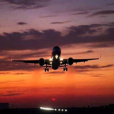 Airplane landing at sunset