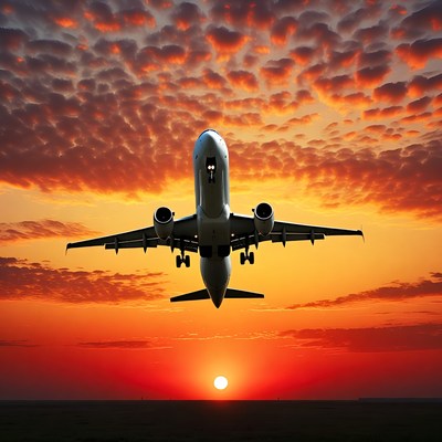 Airplane Flying into Sunset Sky