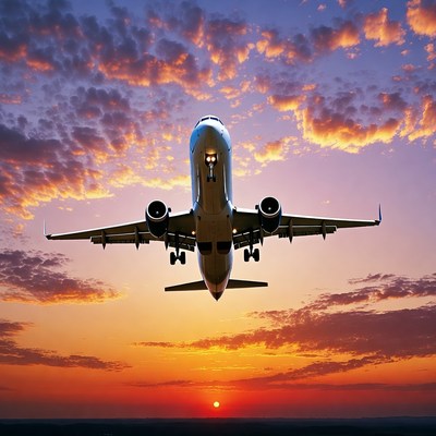 Airplane Flying into Sunset Sky