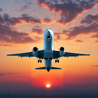 Airplane Flying Toward Sunset