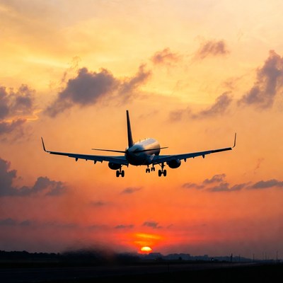 Airplane Landing at Sunset