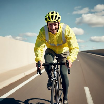 Man cycling on road in yellow jacket
