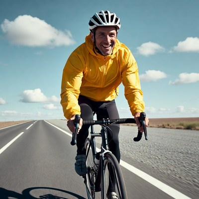 Man cycling on road in yellow jacket