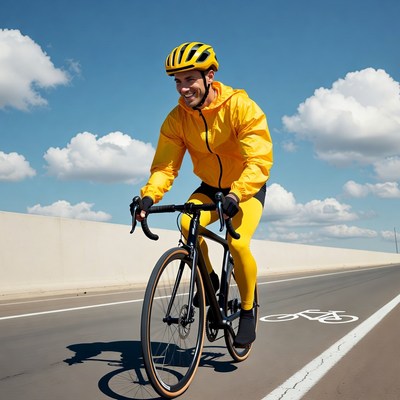 Man cycling in yellow helmet and raincoat