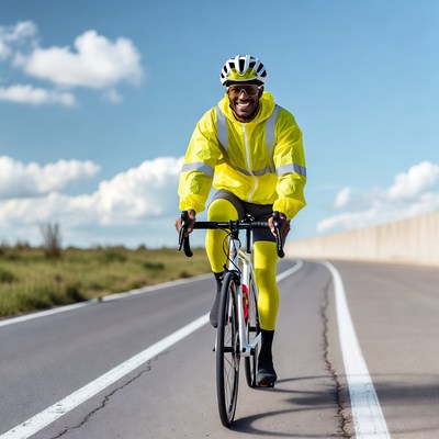 Black man cycling in yellow rain jacket