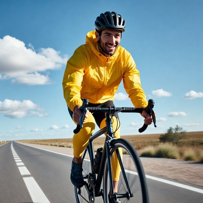 Man cycling in yellow rain jacket
