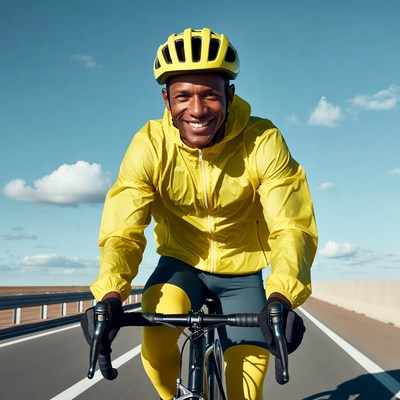 African-American man cycling in yellow gear