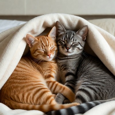 Two Cats Cuddling Under Blanket
