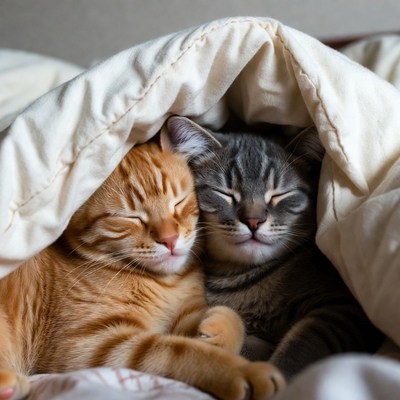 Two Cats Snuggling Under Blanket