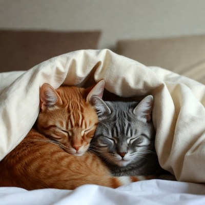 Orange and gray cats cuddling under blanket