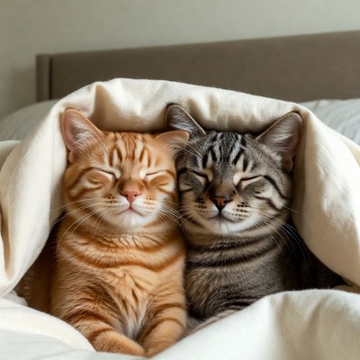 Two Cats Snuggling Under Blanket