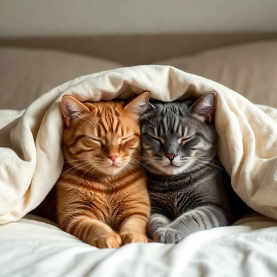 Orange and Gray Cats Snuggling Under Blanket