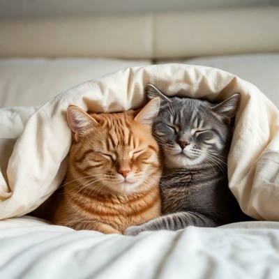 Orange and Gray Cats Cuddling in Bed