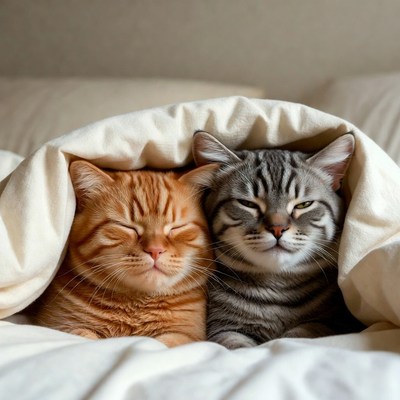 Orange and Gray Cats Snuggling in Bed