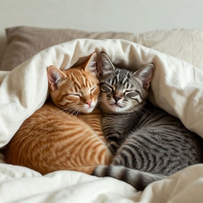 Orange and gray kittens cuddling in bed