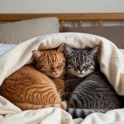 Orange and Gray Cats Cuddling in Bed