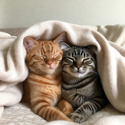Two kittens cuddling under blanket