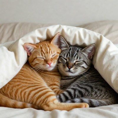 Orange and Gray Kittens Sleeping in Bed