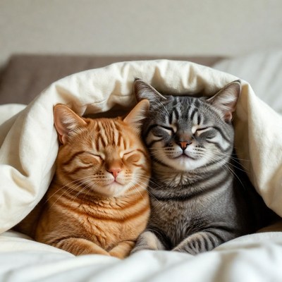 Orange and Gray Cats Cuddling in Bed