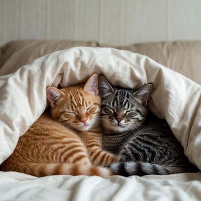Two Cats Snuggling Under Blanket