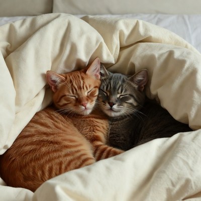 Orange and Gray Kittens Sleeping in Bed