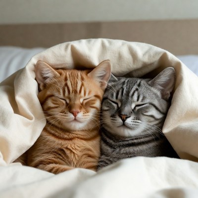 Orange and Gray Kittens Sleeping in Bed