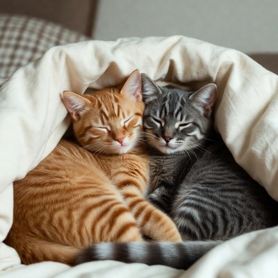 Two Cats Snuggling Under Blanket