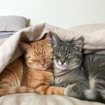 Orange and Gray Cats Cuddling in Bed