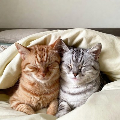Orange and Gray Cats Snuggling Under Blanket