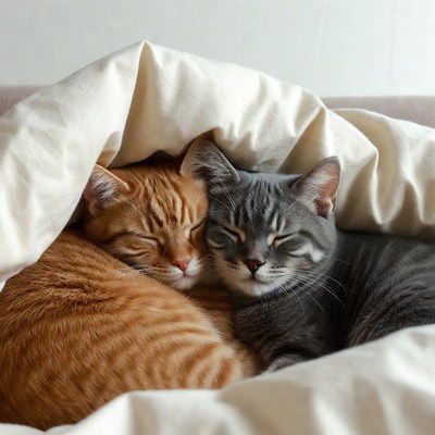 Orange and Gray Kittens Cuddling Under Blanket
