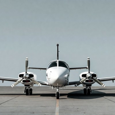 White Twin-Engine Propeller Plane on Tarmac