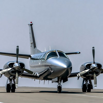 Silver Twin-Engine Propeller Plane on Tarmac