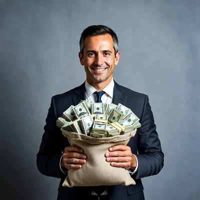 Man holding money bag in suit
