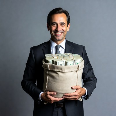 Man holding money bag in suit