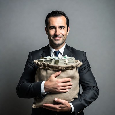 Man holding money bag in suit