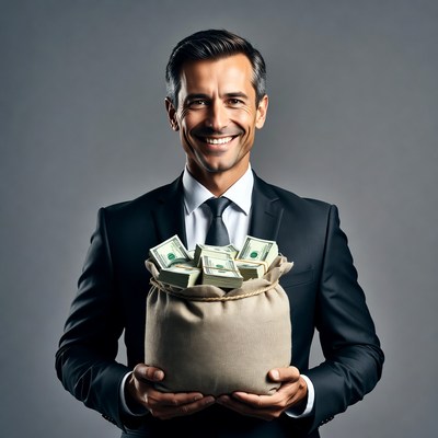 Man holding money bag in suit