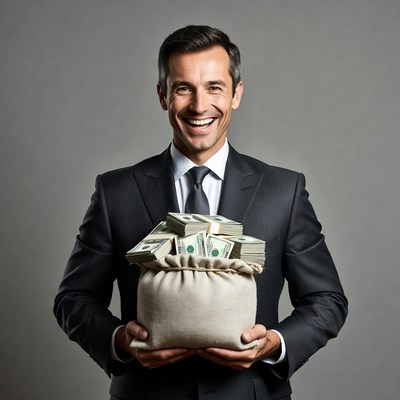 Man holding money bag in suit