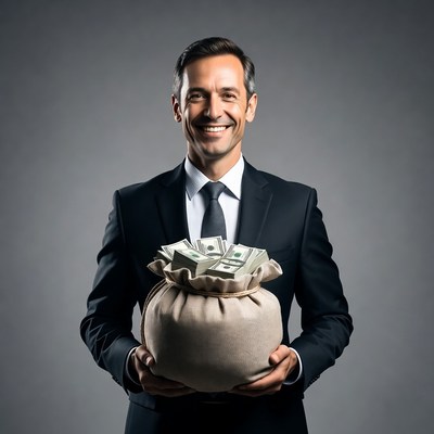 Smiling man holding money bag
