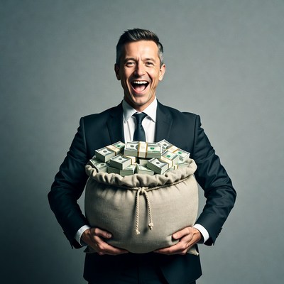 Man holding money sack in suit
