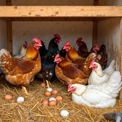 Chickens and eggs in wooden coop