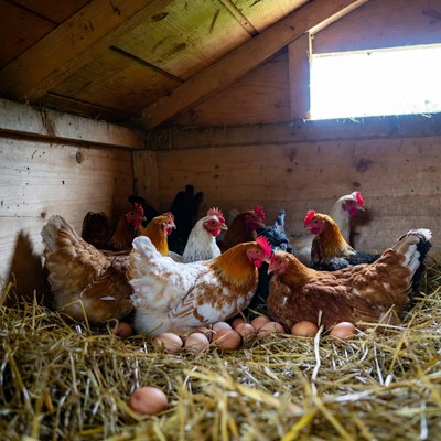 Chickens nesting with eggs in coop