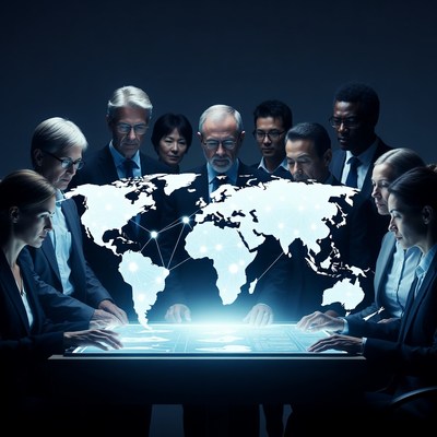 Diverse team analyzing world map hologram