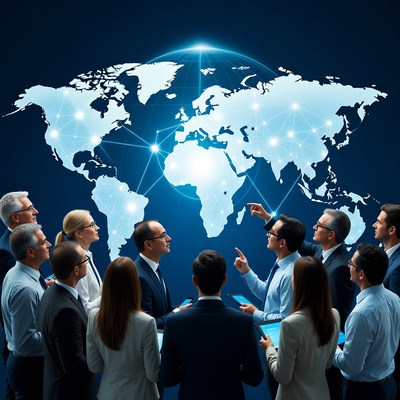 Business team discussing globe