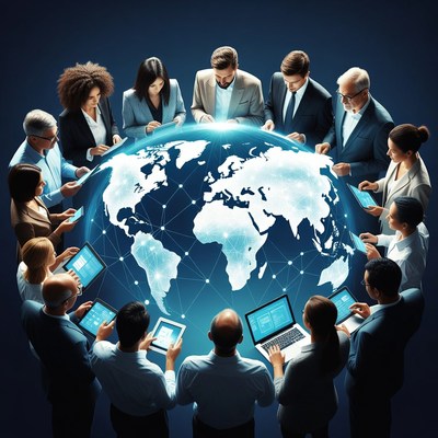 Diverse team holding globe with tablets