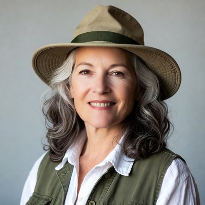 Smiling woman in safari hat and vest