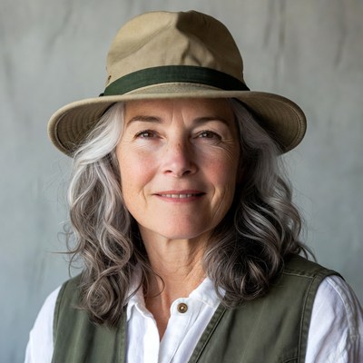 Smiling woman in beige hat