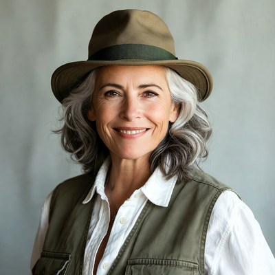 Smiling woman in fedora and vest