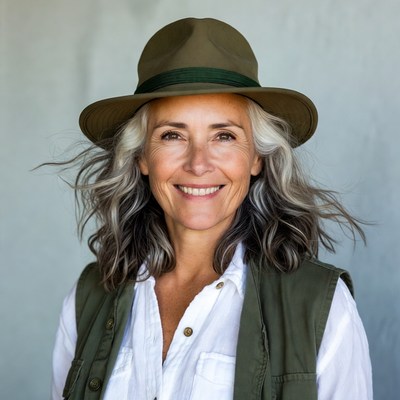 Smiling woman in green hat and vest