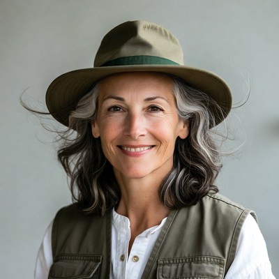 Smiling woman in green safari hat